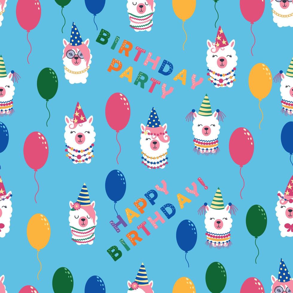 sömlös mönster med lama, alpacka ansikten. födelsedag tema. kepsar, ballonger, inskrift Lycklig födelsedag vektor
