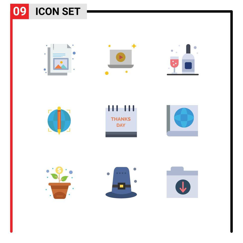 Satz von 9 modernen ui-Symbolen Symbole Zeichen für geröstete Truthahnfeier Flasche Kalender Globus editierbare Vektordesign-Elemente vektor
