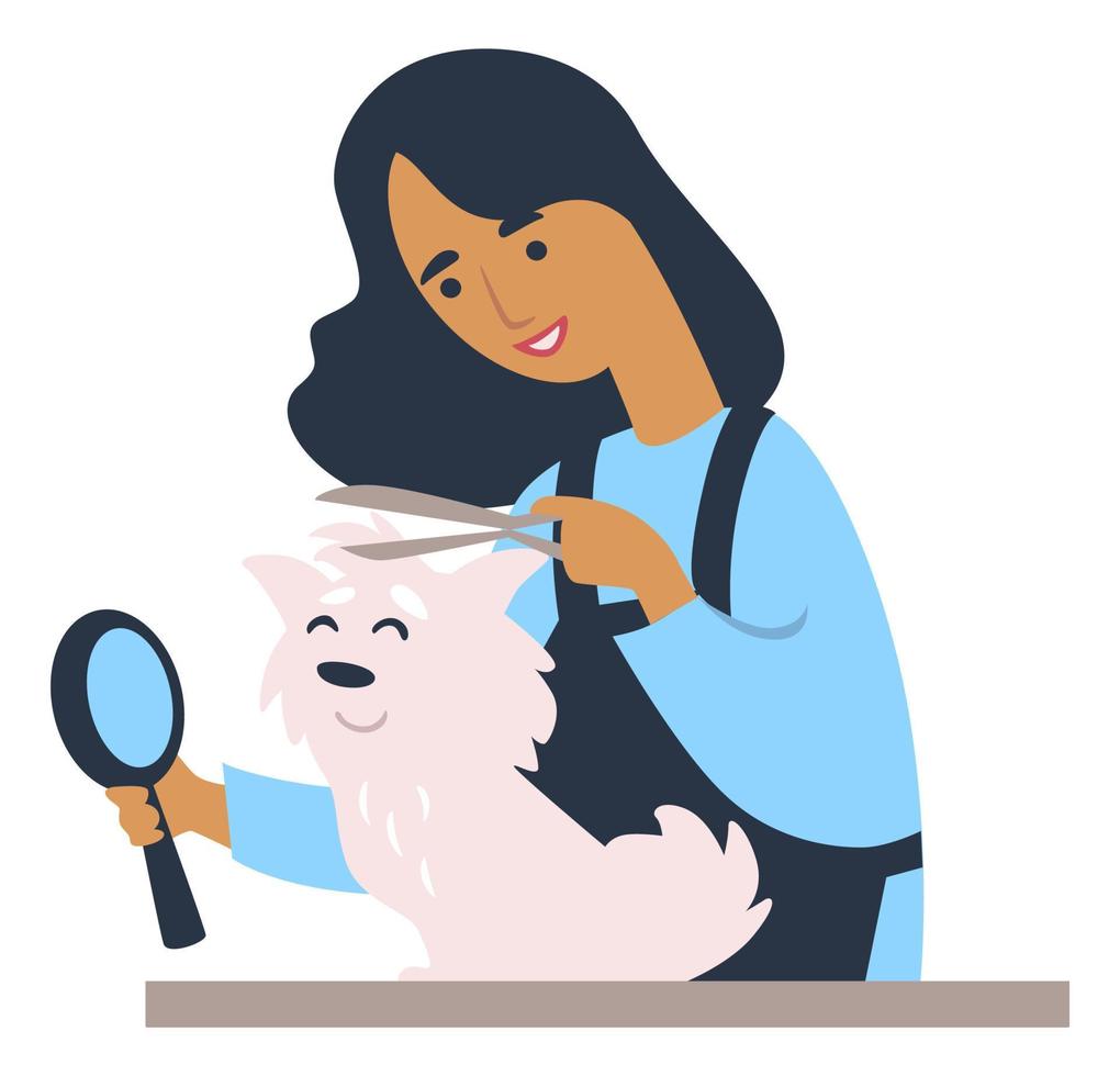 sällskapsdjur vård och hygien, kvinna trimning hår av hund vektor
