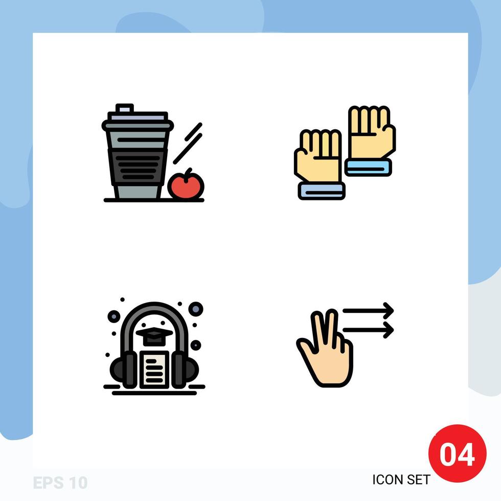 Stock Vector Icon Pack mit 4 Zeilen Zeichen und Symbolen für Kaffee Hörbuch trinken Handschuhe Kopfhörer editierbare Vektordesign-Elemente