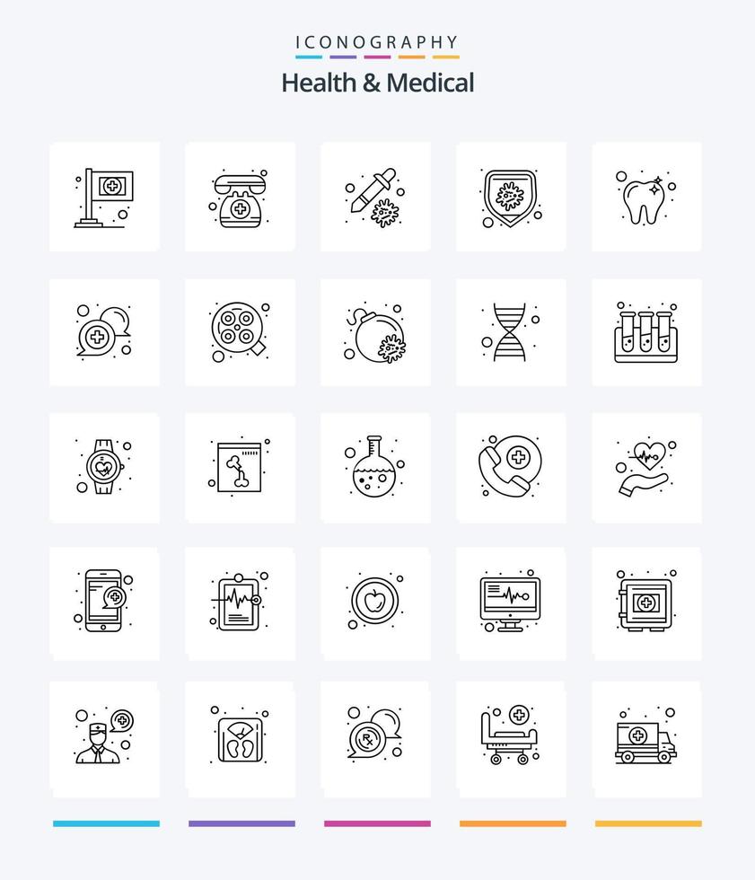 kreative Gesundheit und medizinisches 25-Gliederungs-Icon-Pack wie Zahn. Pflege. Gesundheitswesen. Virus. Bakterien vektor
