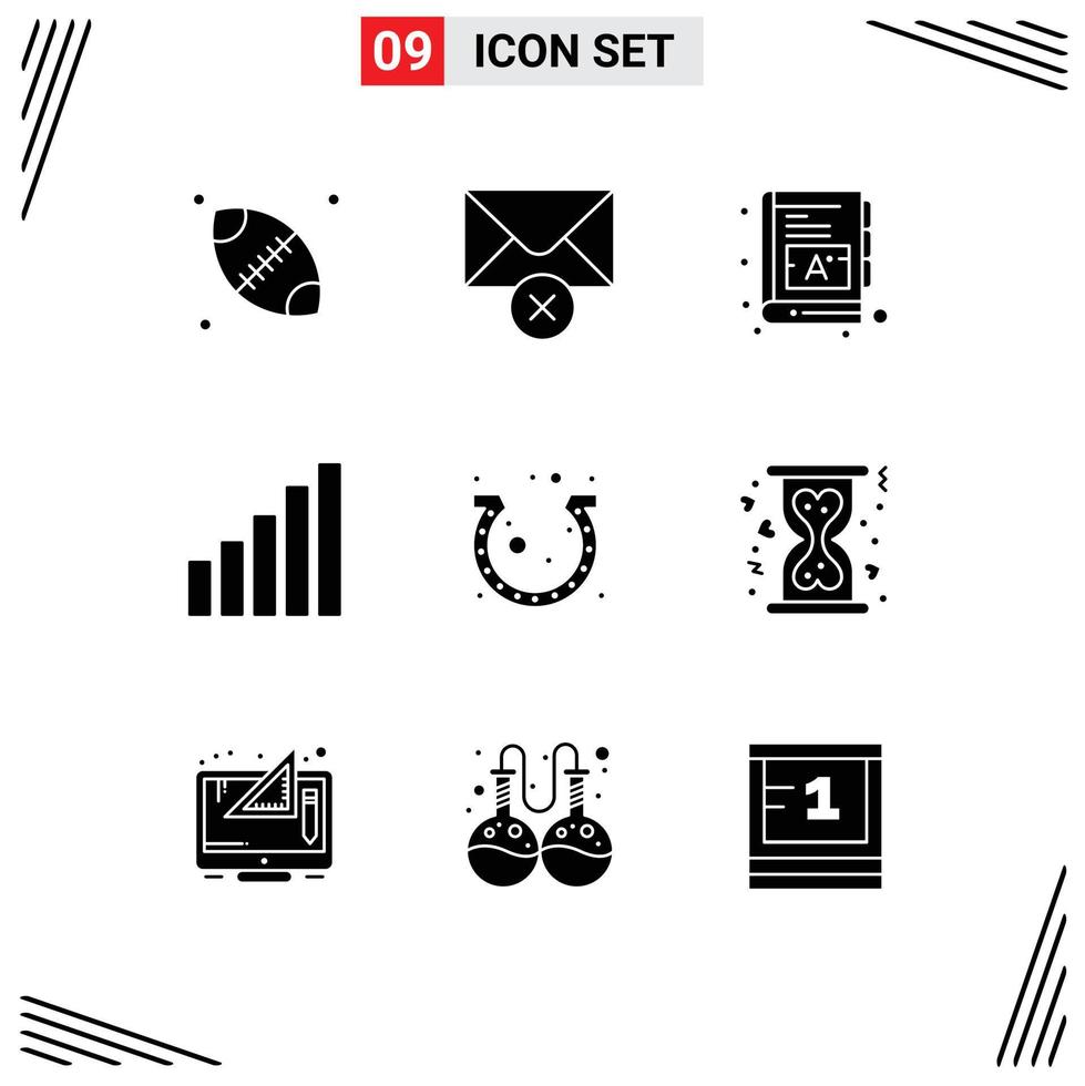 9 solides Glyphenpaket der Benutzeroberfläche mit modernen Zeichen und Symbolen für Glücksworte Festival signalisiert bearbeitbare Vektordesignelemente vektor