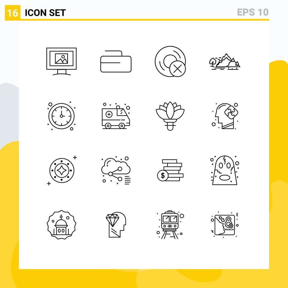 uppsättning av 16 modern ui ikoner symboler tecken för tid träd skiva berg landskap redigerbar vektor design element