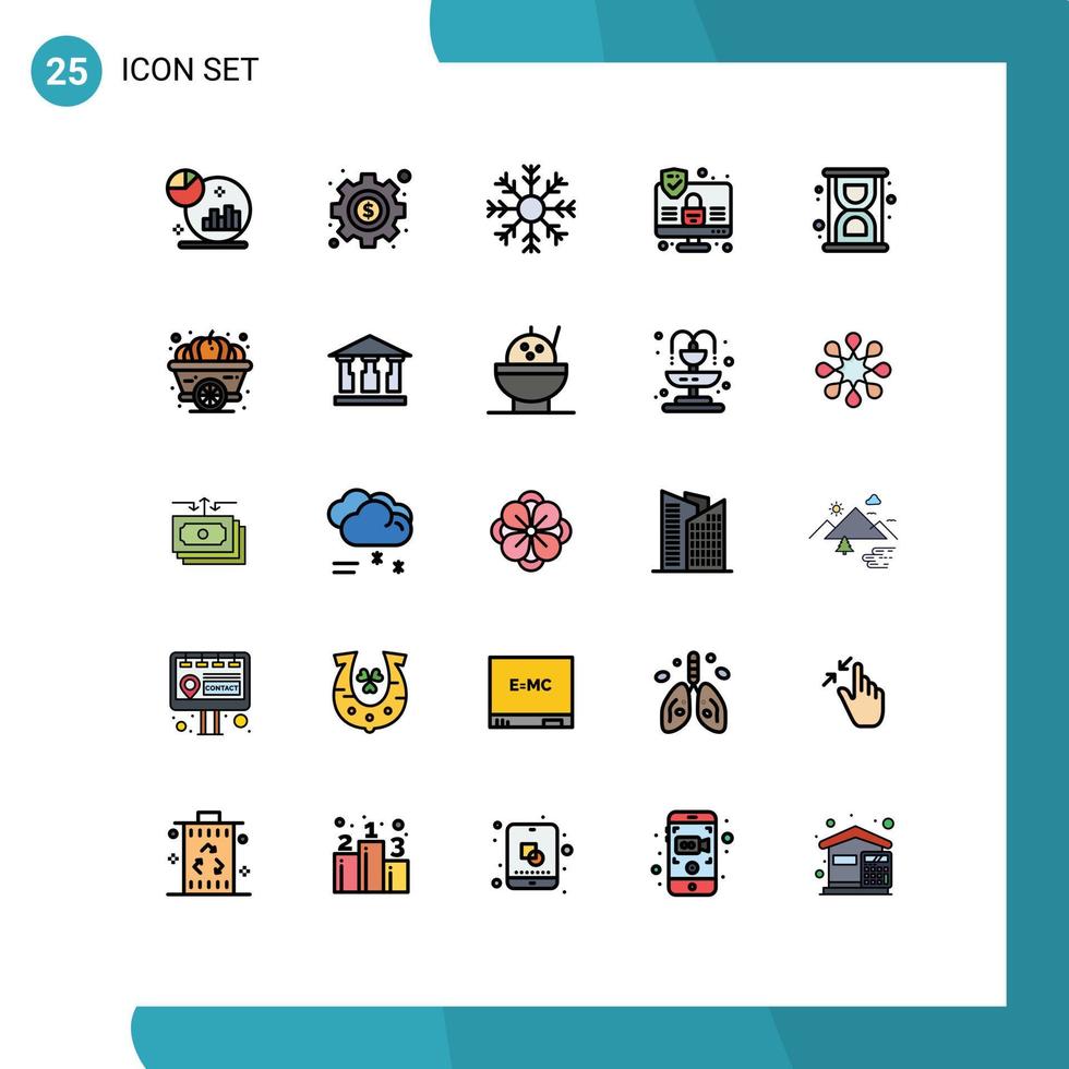 mobil gränssnitt fylld linje platt Färg uppsättning av 25 piktogram av produktivitet timglas flaga säkerhet dator redigerbar vektor design element