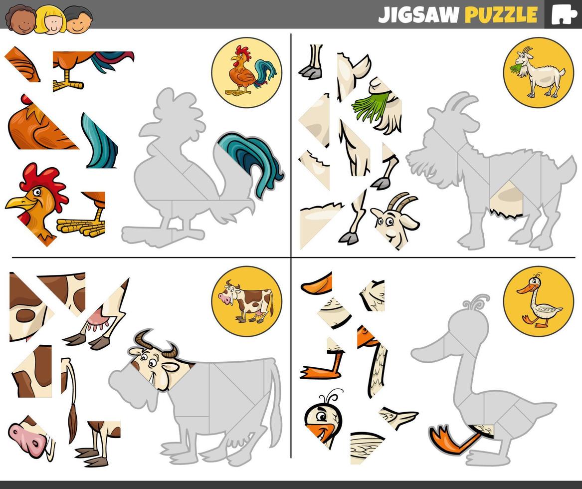 Puzzle-Aufgaben mit Zeichentrick-Bauernhoftieren vektor