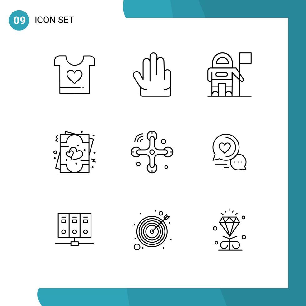Stock Vector Icon Pack mit 9 Zeilenzeichen und Symbolen für das Internet der Dinge Verbindungen Exploration Kommunikation Romantik editierbare Vektordesign-Elemente