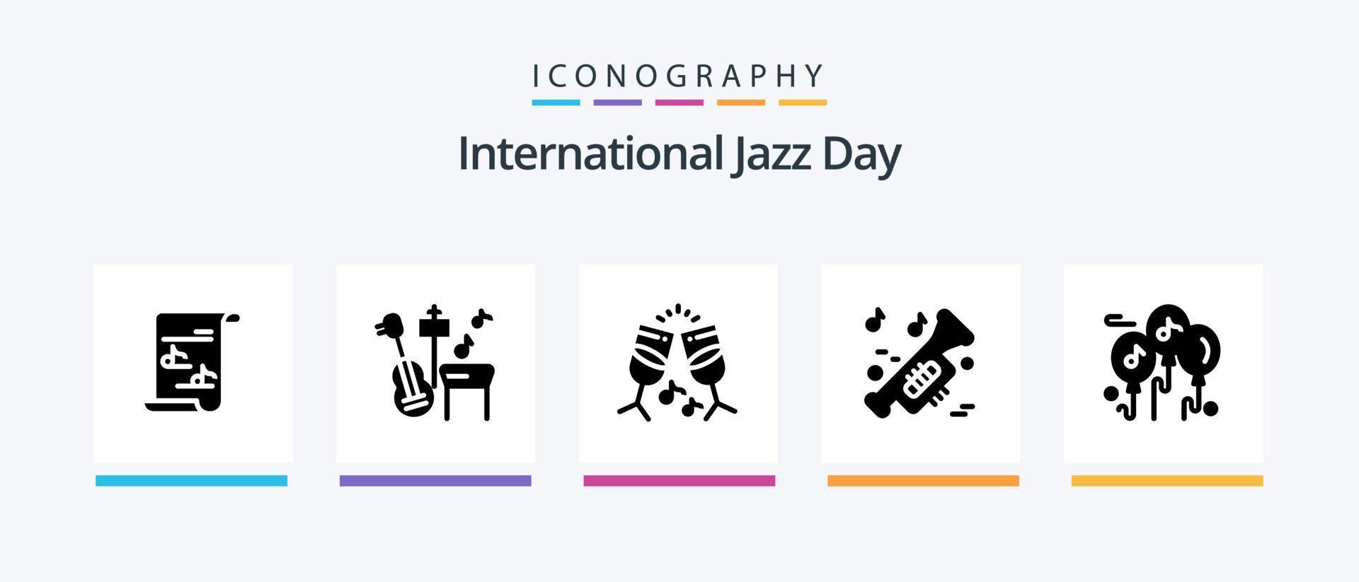 internationell jazz dag glyf 5 ikon packa Inklusive universitet. musik . låt. instrument . musik. kreativ ikoner design vektor