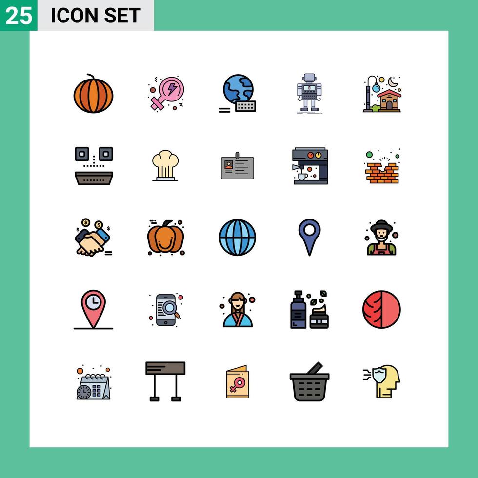25 universell fylld linje platt färger uppsättning för webb och mobil tillämpningar ljus Hem klot teknologi robot redigerbar vektor design element