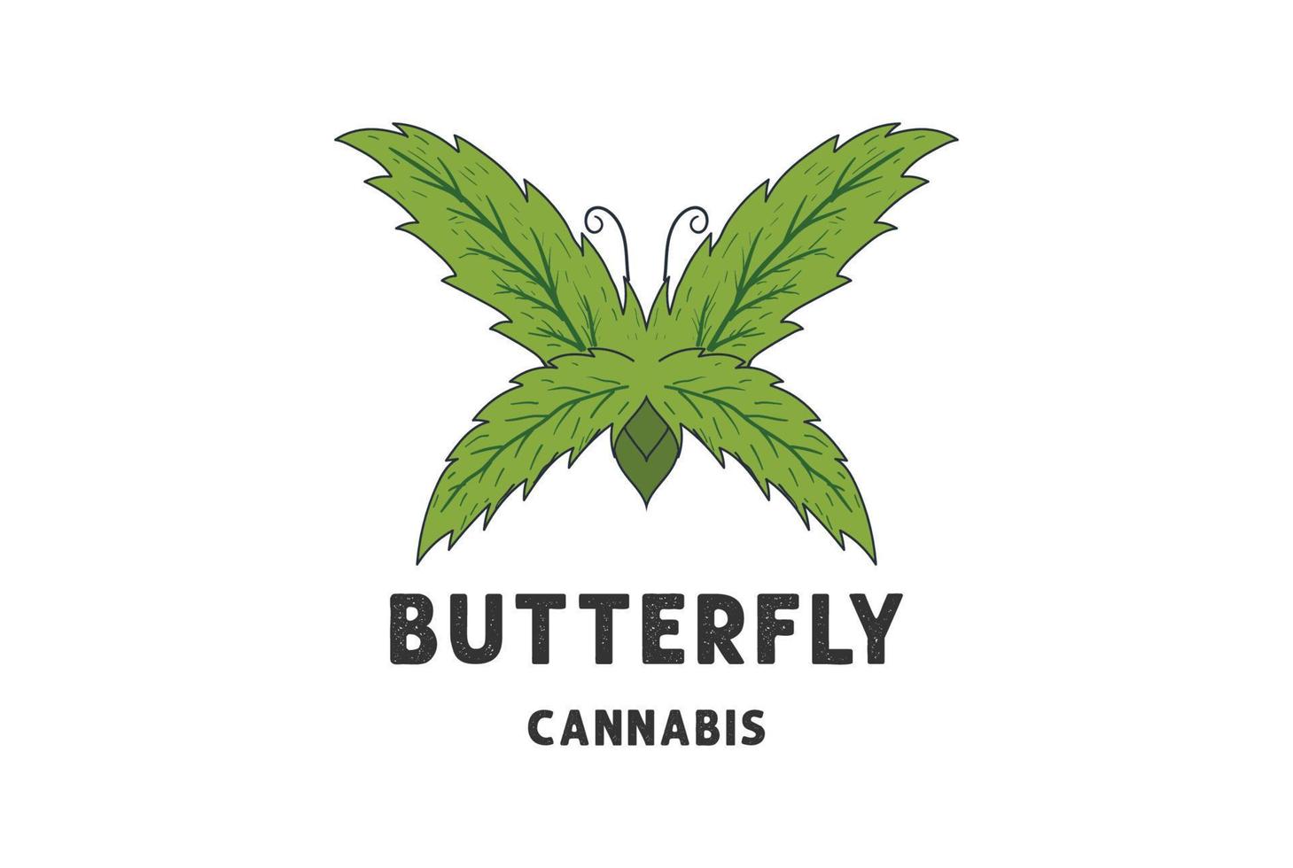 grünes frisches Schmetterlings-Cannabis-Marihuana-Ganja-Blatt für Naturhanf-CBD-Ölextrakt-Logo vektor