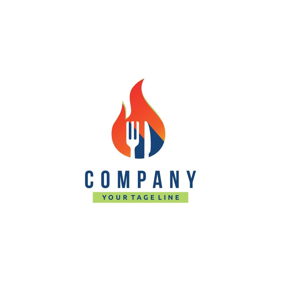 Grill-Logo-Design, Gartenmesserlöffel und Flamme vektor