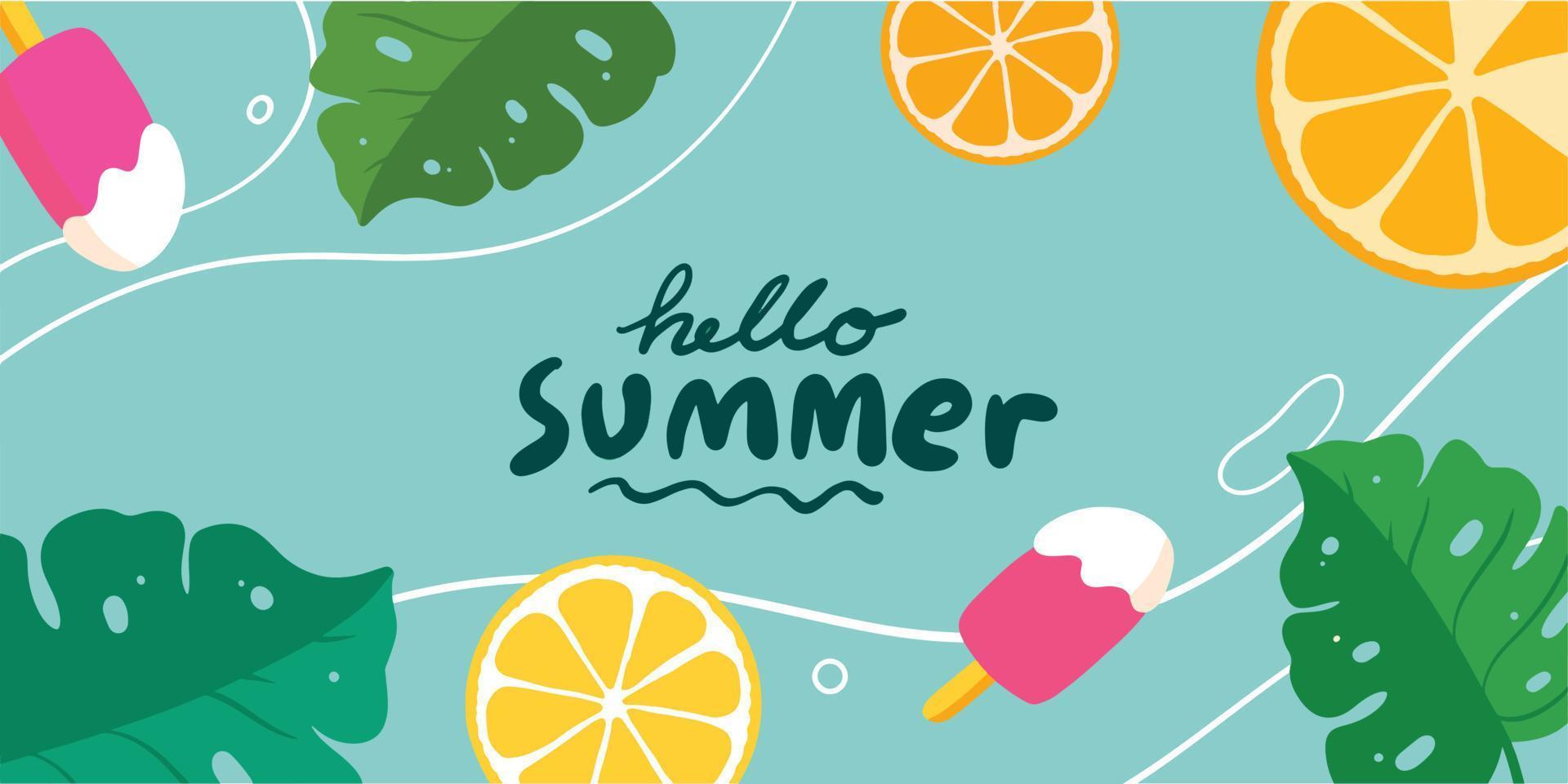 banner-design-vorlage der sommerferien mit orange, eiscreme und tropischer blattverzierung vektor