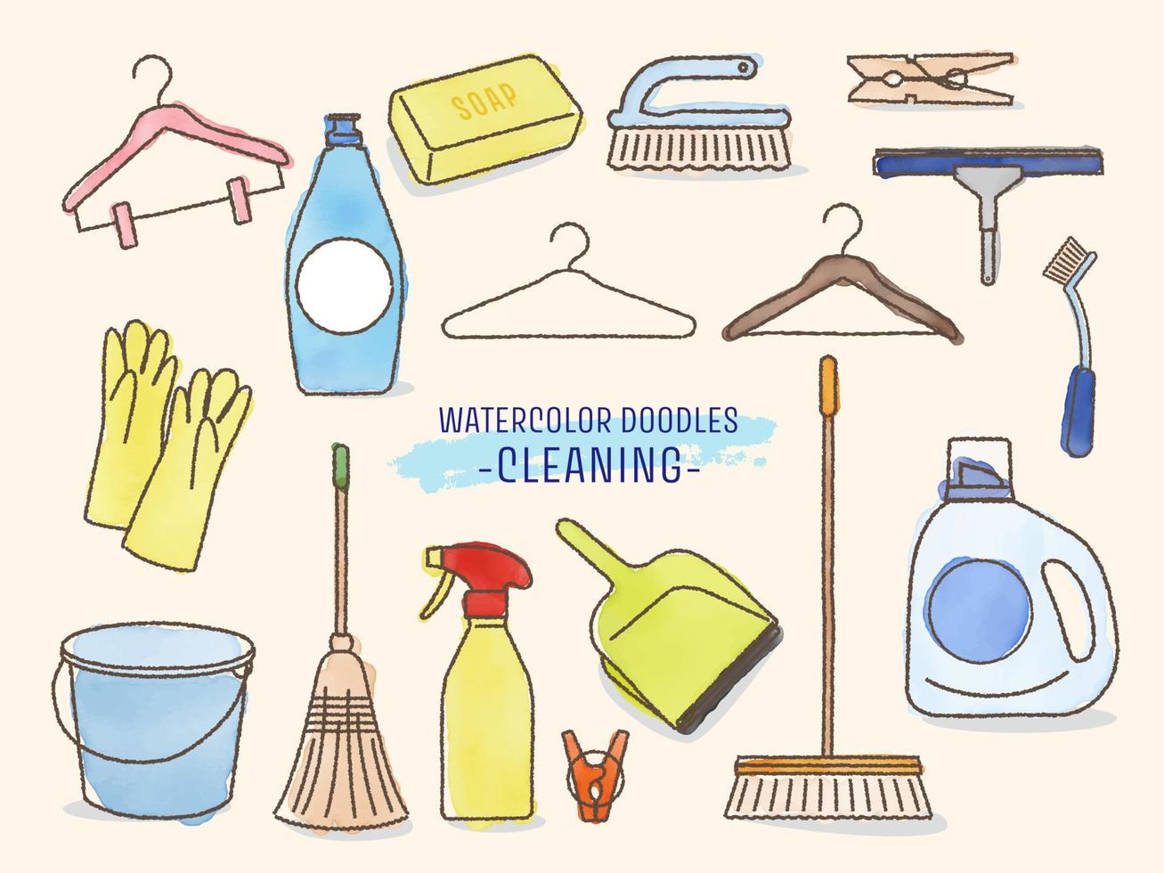 illustration uppsättning av vattenfärg ritad för hand dagligen förnödenheter -rengöring Produkter vektor