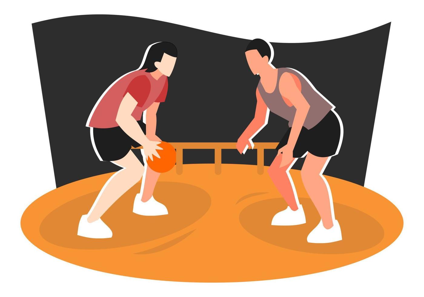 Illustration von zwei Teenagern, die Basketball-Sparring auf dem Platz üben. dribbeln. geeignet für das thema sport, praxis, wettbewerb, hobbys, außerschulisch, schule usw. flacher vektor. vektor