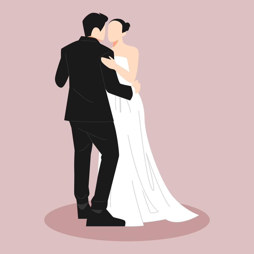 Braut und Bräutigam. Jungvermählten tanzen. Ehepaar, Hochzeit, Romantik, Liebe. perfekt für die gestaltung von hochzeitseinladungen, drucken, aufklebern, postern usw. vektorillustration im flachen stil. vektor