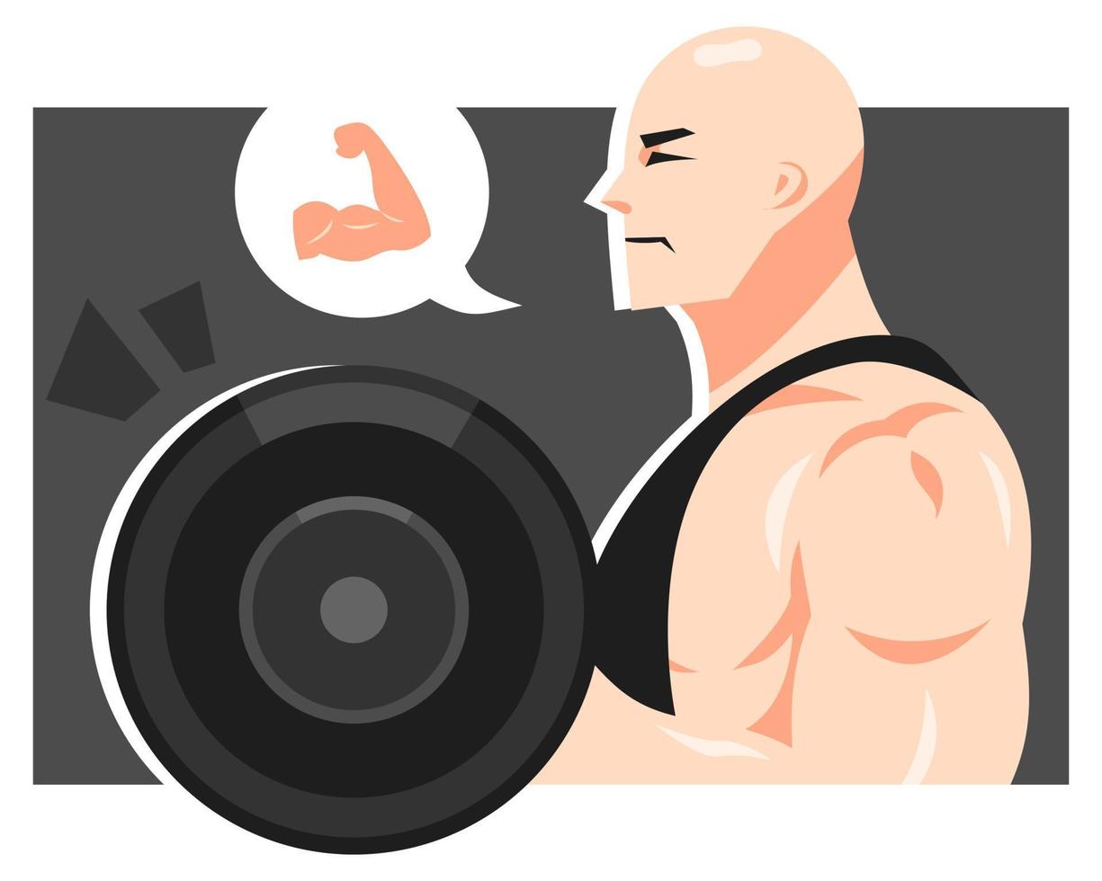 Illustration eines glatzköpfigen Mannes, der eine große Langhantel hebt. kräftiger Mann. Seitenansicht. ausgestattet mit handmuskelsymbol. geeignet für das thema fitness, sport, gesundheit, bodybuilding usw. flacher vektor