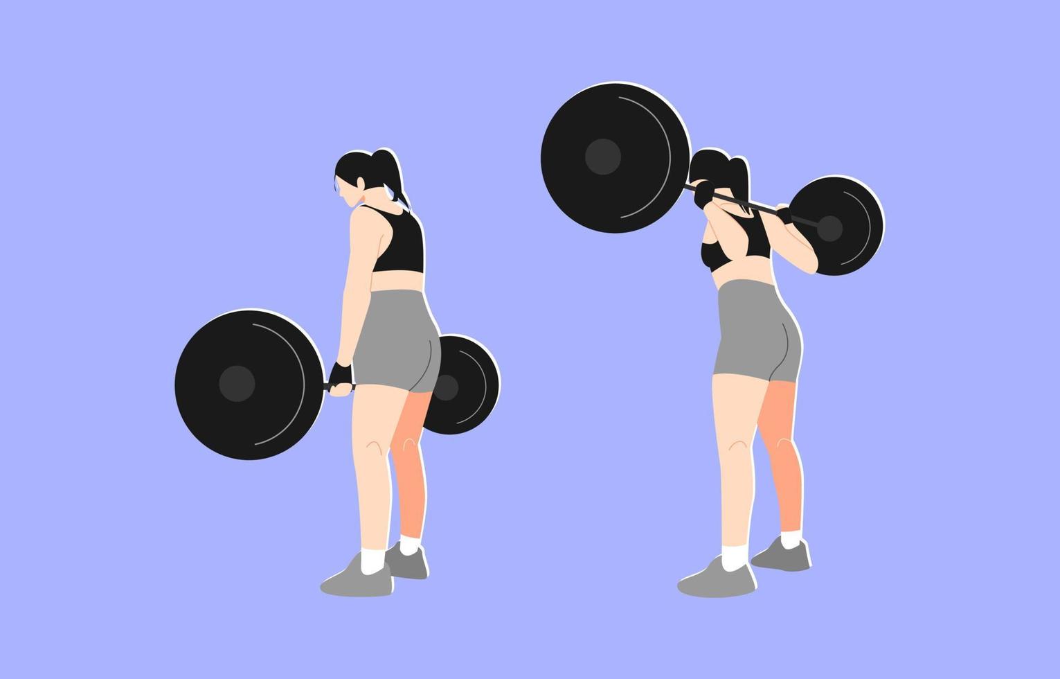 kvinna lyft vikter med annorlunda poserar, rörelser. tillbaka se. kvinna idrottare Träning i Gym med skivstång. kondition, kropp byggnad, träning. vektor illustration i platt stil.