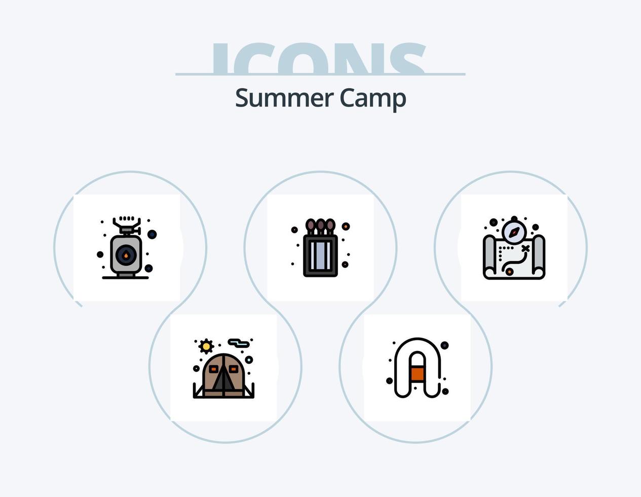 Sommercamp-Linie gefüllt Icon Pack 5 Icon Design. . Camping. Buchen. Schlauchboot. Feuer vektor