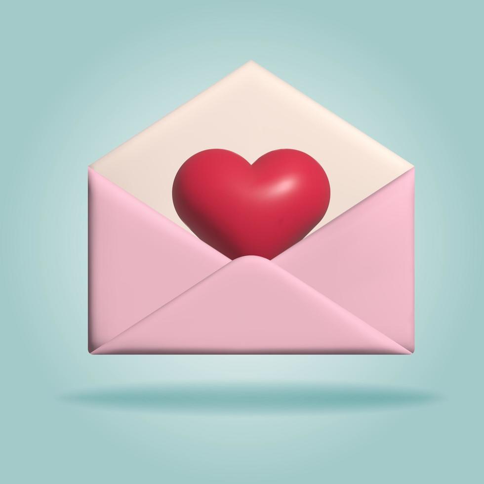 3d vektor post brev med röd hjärta.