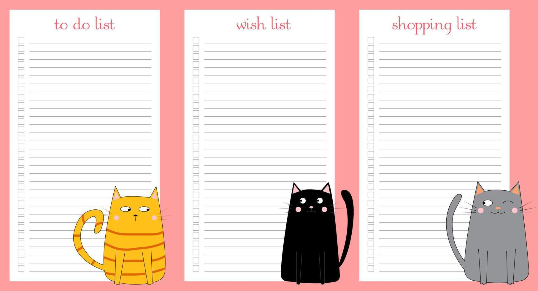 eine Reihe von Aufgabenlisten, Wunschlisten und Einkaufslisten. Planervorlage mit einer Illustration süßer Katzen. Vektor-Illustration vektor