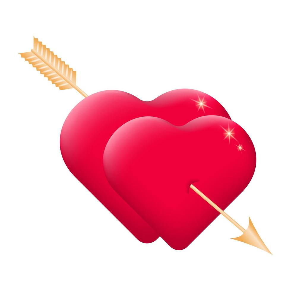 Schöne 3D-Herzen, durchschossen von einem goldenen Pfeil. Liebessymbol in Form eines Herzens isoliert auf weißem Hintergrund. Vektor-Illustration. vektor