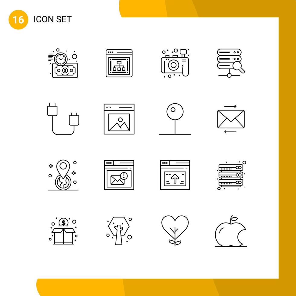 Aktienvektor-Icon-Pack mit 16 Zeilenzeichen und Symbolen für Gadget-Kabel-Kamera-Computer-Server editierbare Vektordesign-Elemente vektor