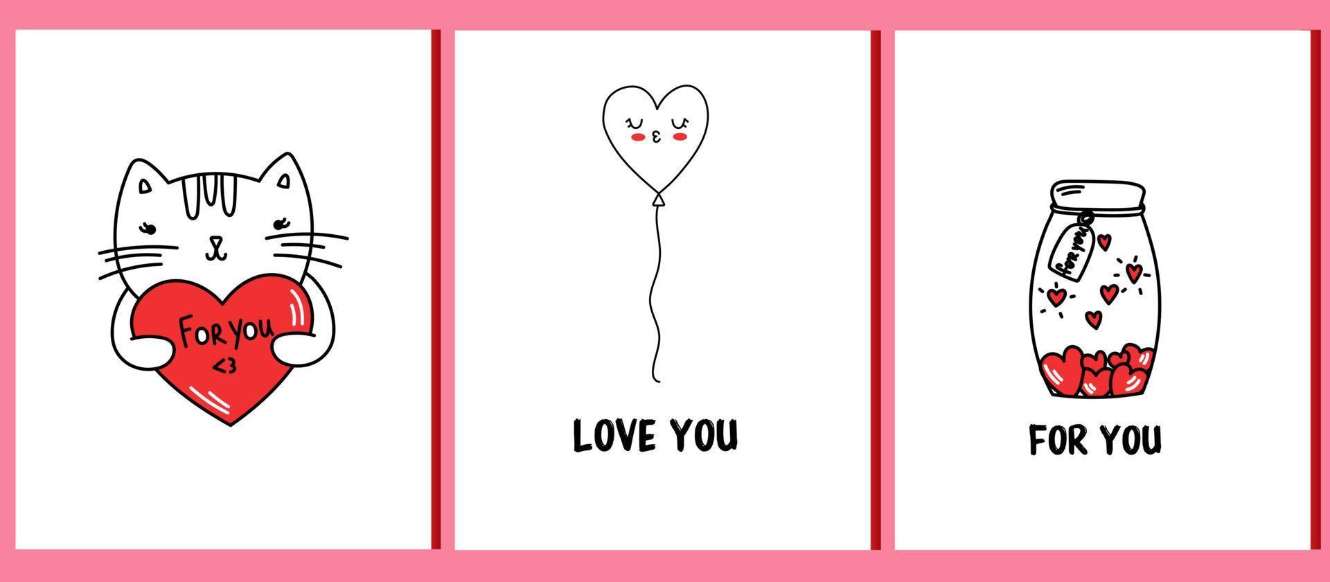 hjärtans dag hälsning vykort uppsättning. uppsättning av 3 kort för hjärtans dag. 14 februari vektor illustration
