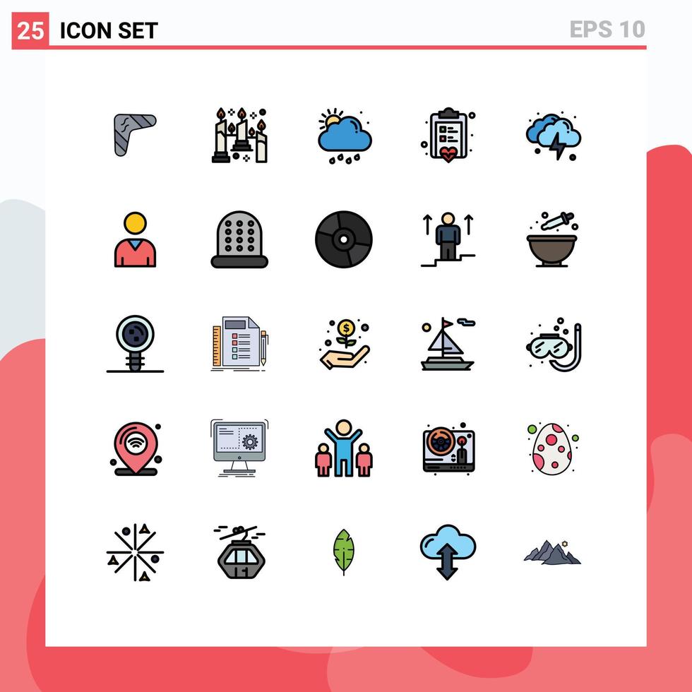 25 universell fylld linje platt färger uppsättning för webb och mobil tillämpningar kärlek checklista flamma styrelse väder redigerbar vektor design element
