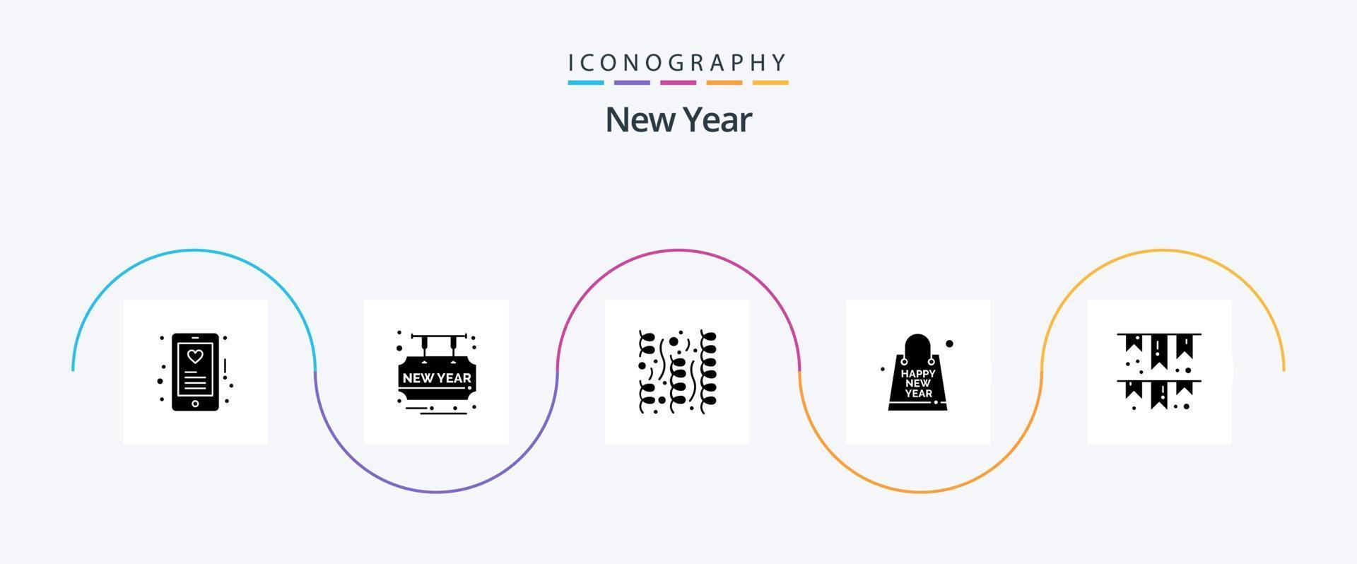 ny år glyf 5 ikon packa Inklusive fira. souvenir. firande. ny. väska vektor