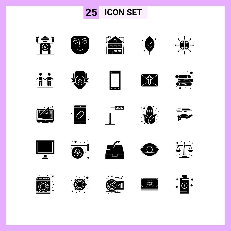 Piktogrammsatz von 25 einfachen soliden Glyphen der Welt verbinden Wohnung Federblatt editierbare Vektordesign-Elemente vektor