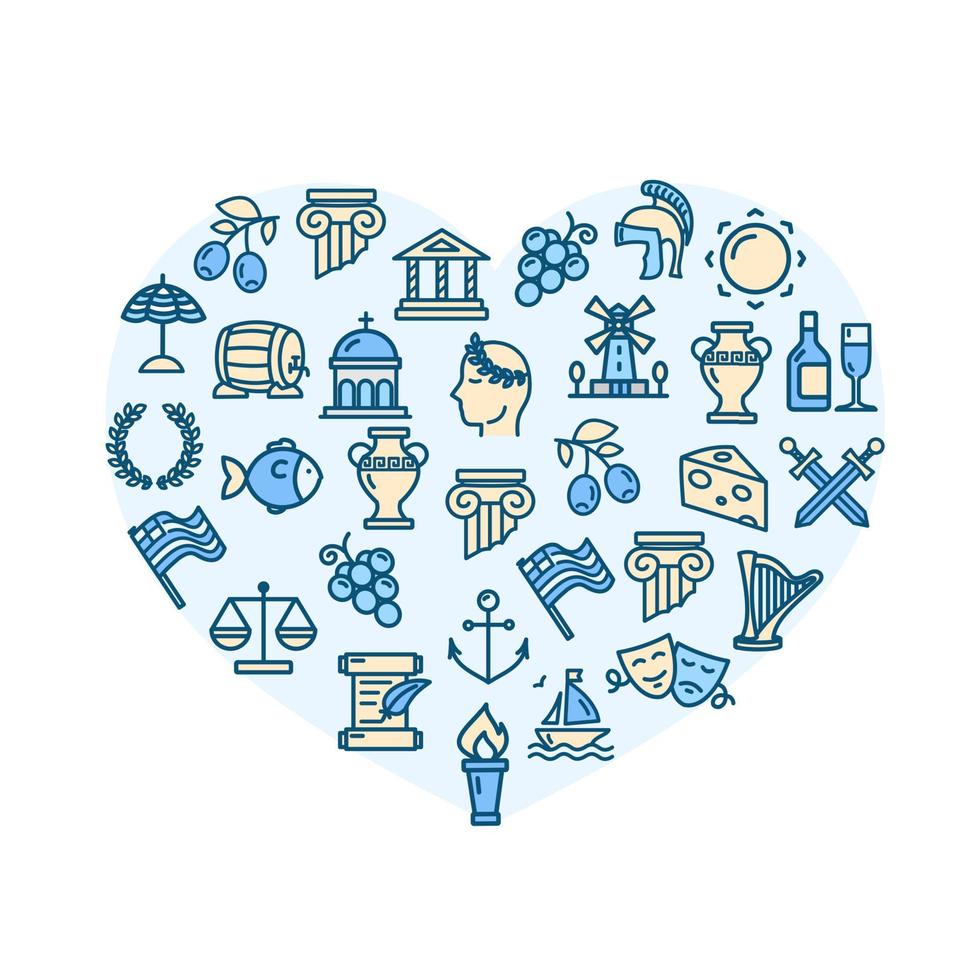 kärlek grekland begrepp hjärta form design mall tunn linje ikon uppsättning. vektor