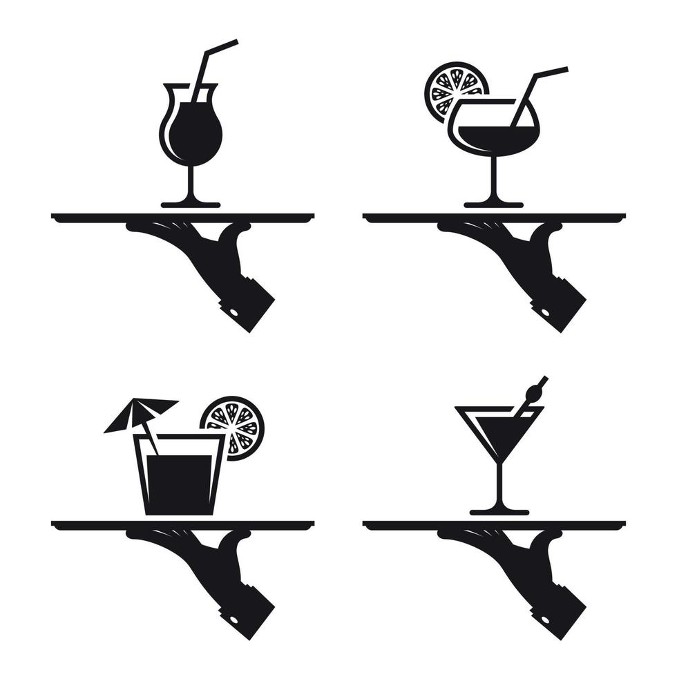 svart ikoner av mänsklig hand med en bricka på en vit bakgrund. alkohol cocktail vektor