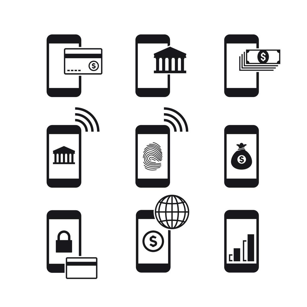 mobil bank ikoner uppsättning. svart på en vit bakgrund vektor