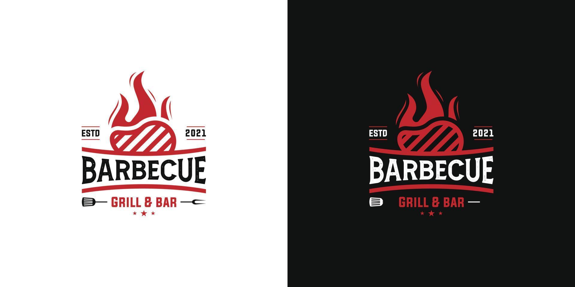 utegrill restaurang. logotyp av utegrill, grill och bar med brand, grill gaffel och spatel. biff hus logotyp, biff, bbq, grill meny. grunge textur. vektor illustration