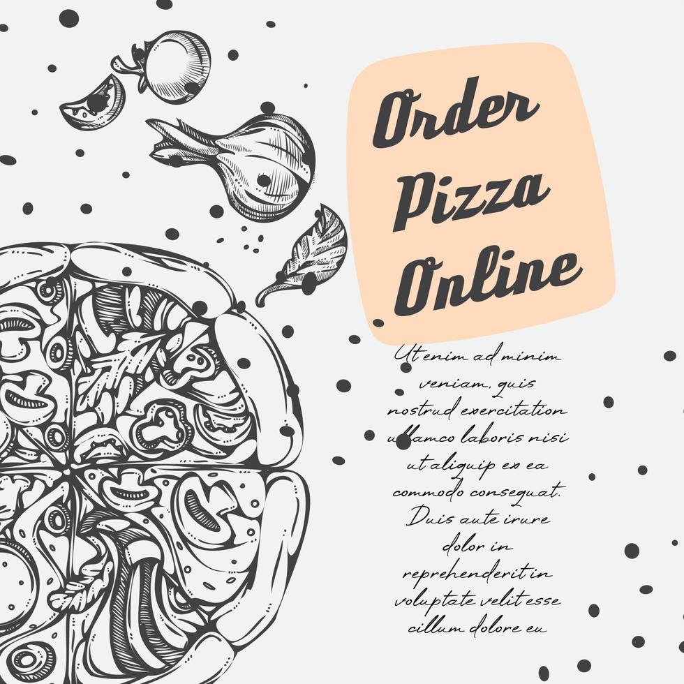 beställa pizza uppkopplad, pizzeria promo svartvit vektor