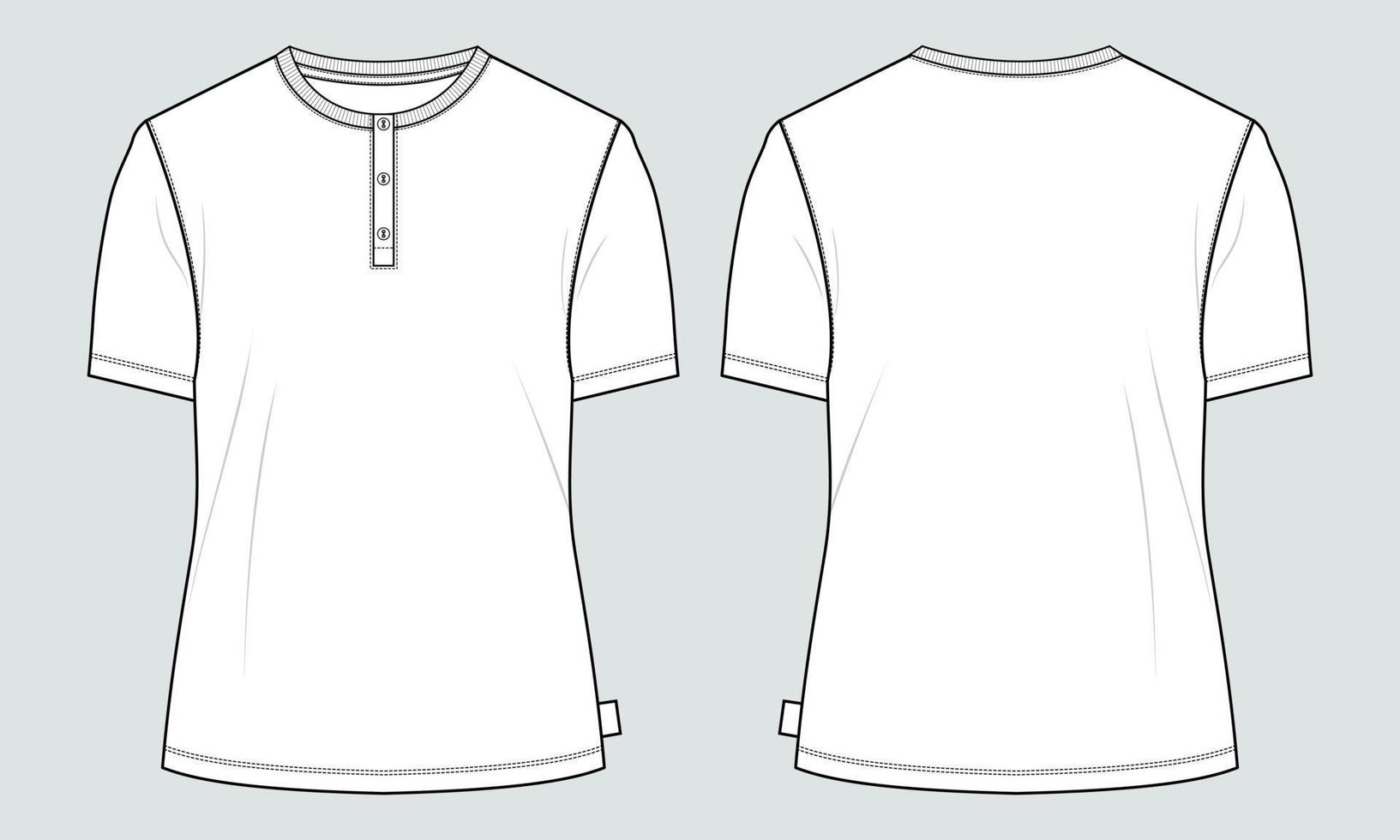 T-Shirt mit normaler Passform und kurzen Ärmeln, technische Skizze, Mode, flache Vorlage mit rundem Ausschnitt. Vektor-Illustration Basic Bekleidungsdesign Vorder- und Rückansicht. vektor