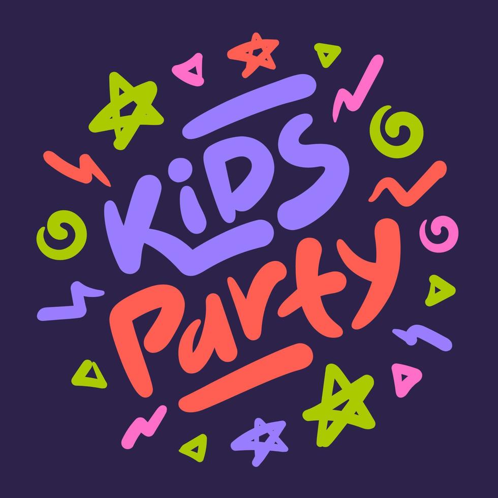 Kinderparty-Doodle-Logo auf dunkelblauem Hintergrund. geburtstagsfeier bunter schriftzug. Vektor-Illustration. vektor