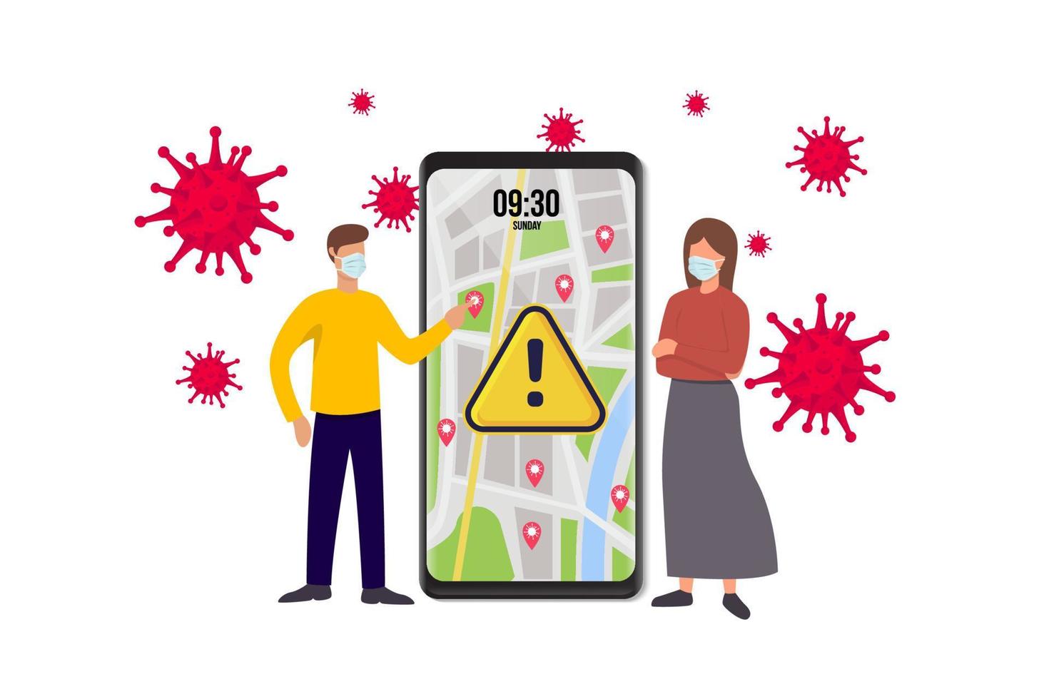 smartphone hälsa virus spårning plats app med människor bär skydd ansikte mask till förhindra coronavirus, sjukdom, influensa, luft förorening. gammal man ung kvinna person gående. stad illustration. vektor