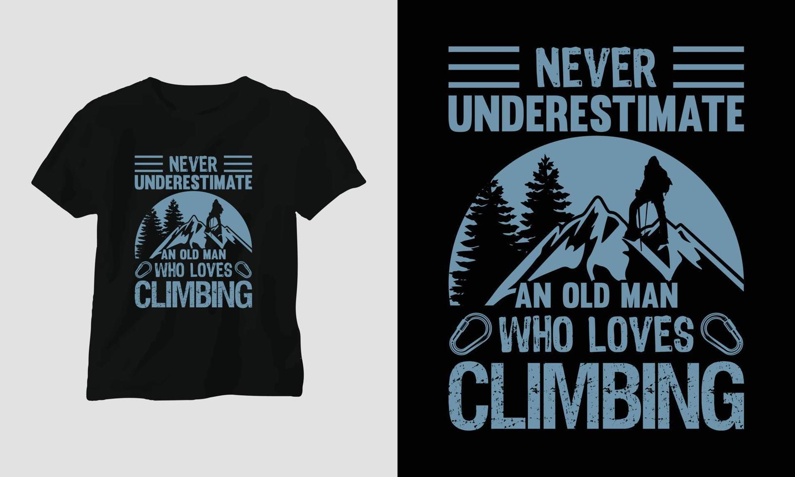 klättrande t-shirt design begrepp. designad med fjäll, silhuett, träd och årgång stil. vektor