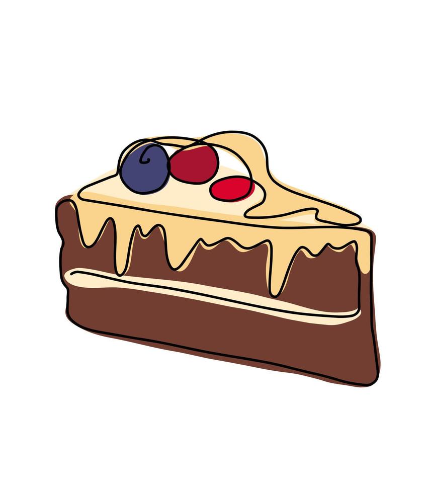 eine einfache Illustration eines Stück Schokoladenkuchens mit Beeren. vektor