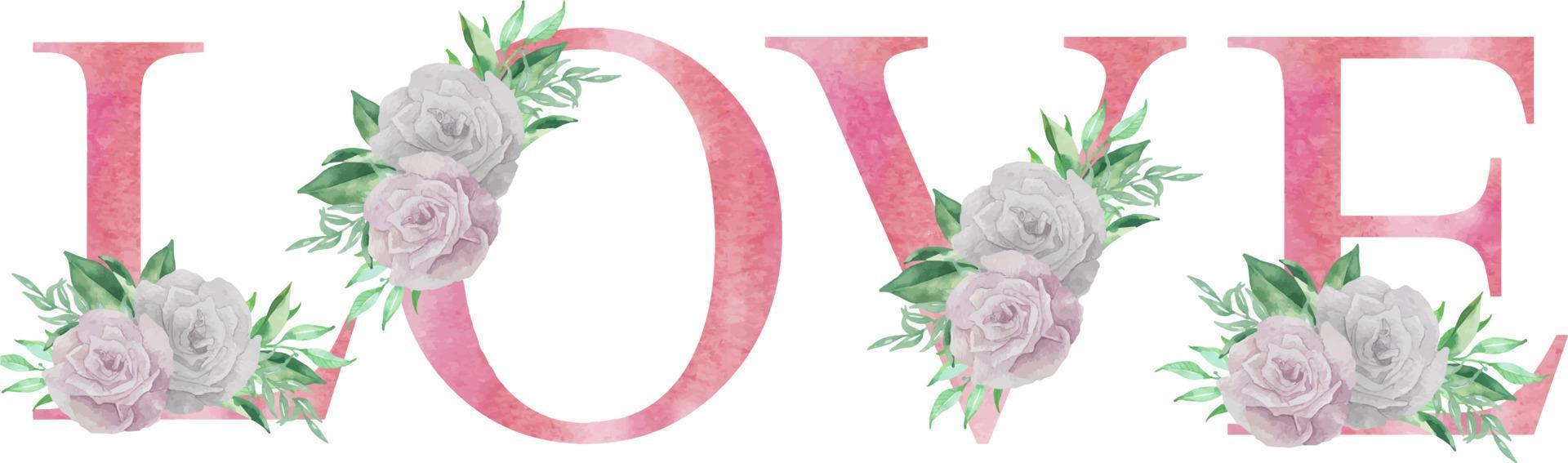 vattenfärg rosa kärlek text med blommor. st. hjärtans dag hälsning kort mall med romantisk text. dekorativ blommig text vektor