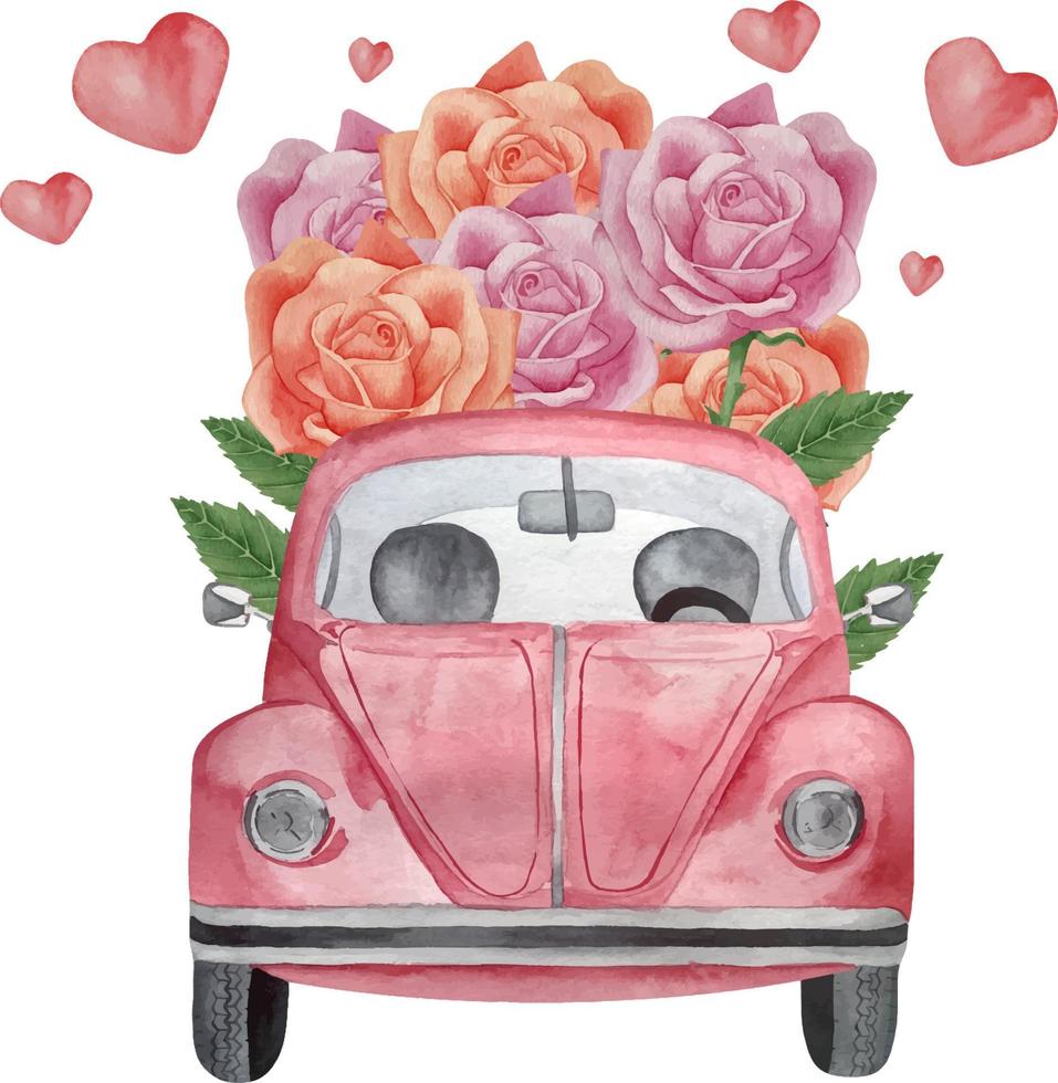 aquarell-retro-auto mit rosen und herzen. valentinstag-oldtimer-illustration mit blumen und herzen. romantisches aquarellauto. vektor