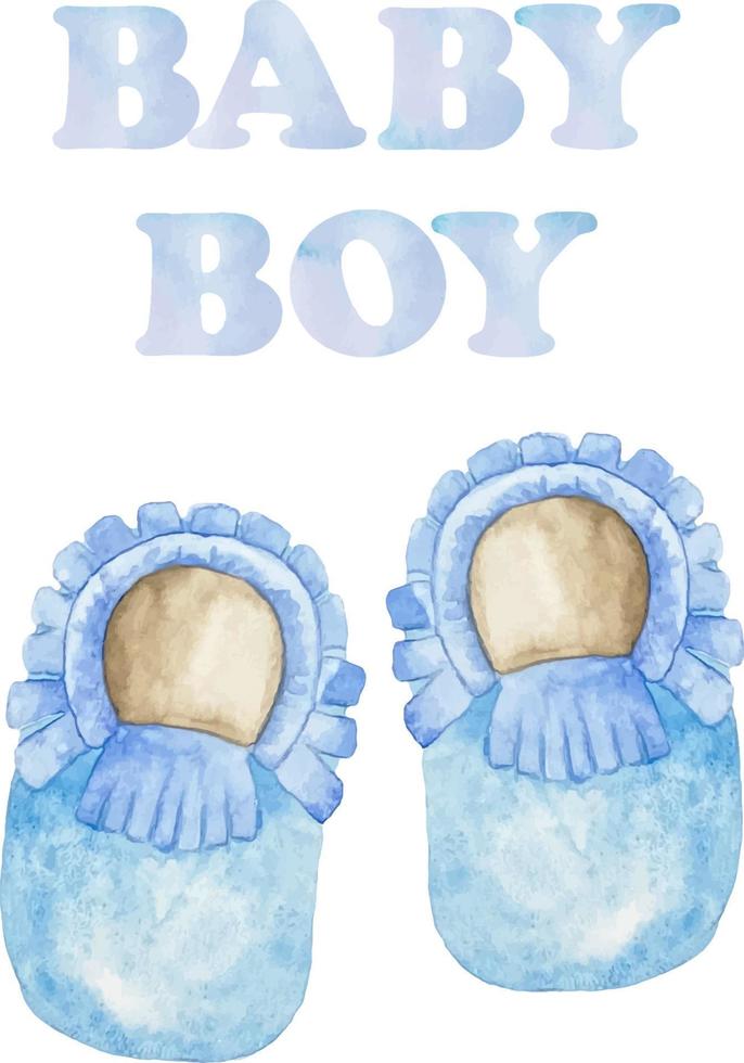 vattenfärg bebis pojke dusch uppsättning. dess en pojke tema med skor. dess en pojke illustration vektor