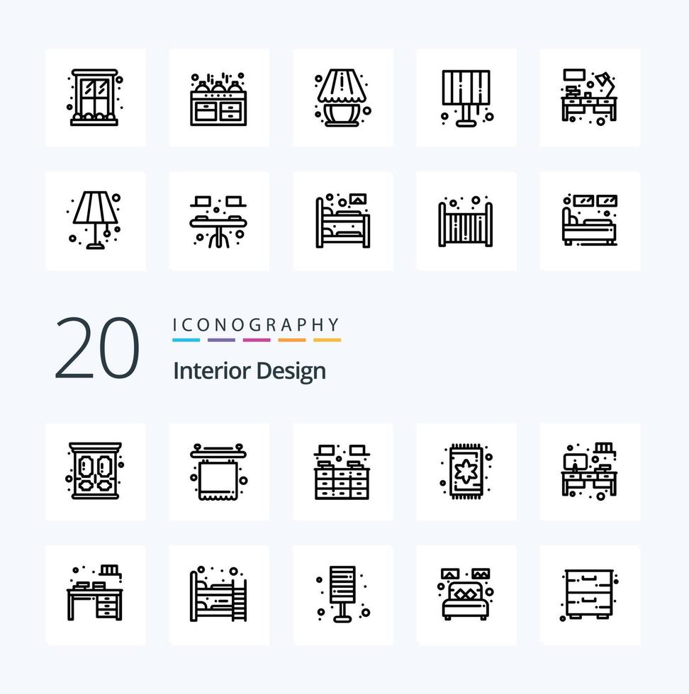 20 Innendesign-Linien-Icon-Pack wie Schrankteppich Bücherregal-Innenteppich vektor