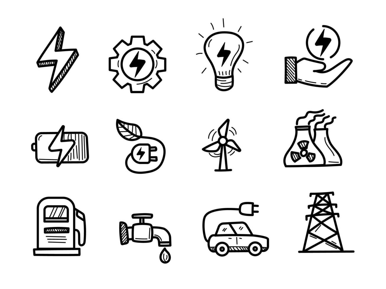 Reihe von Energiesymbolen mit Doodle-Stil isoliert auf weißem Hintergrund. von hand gezeichnete energieelemente-vektorillustration vektor