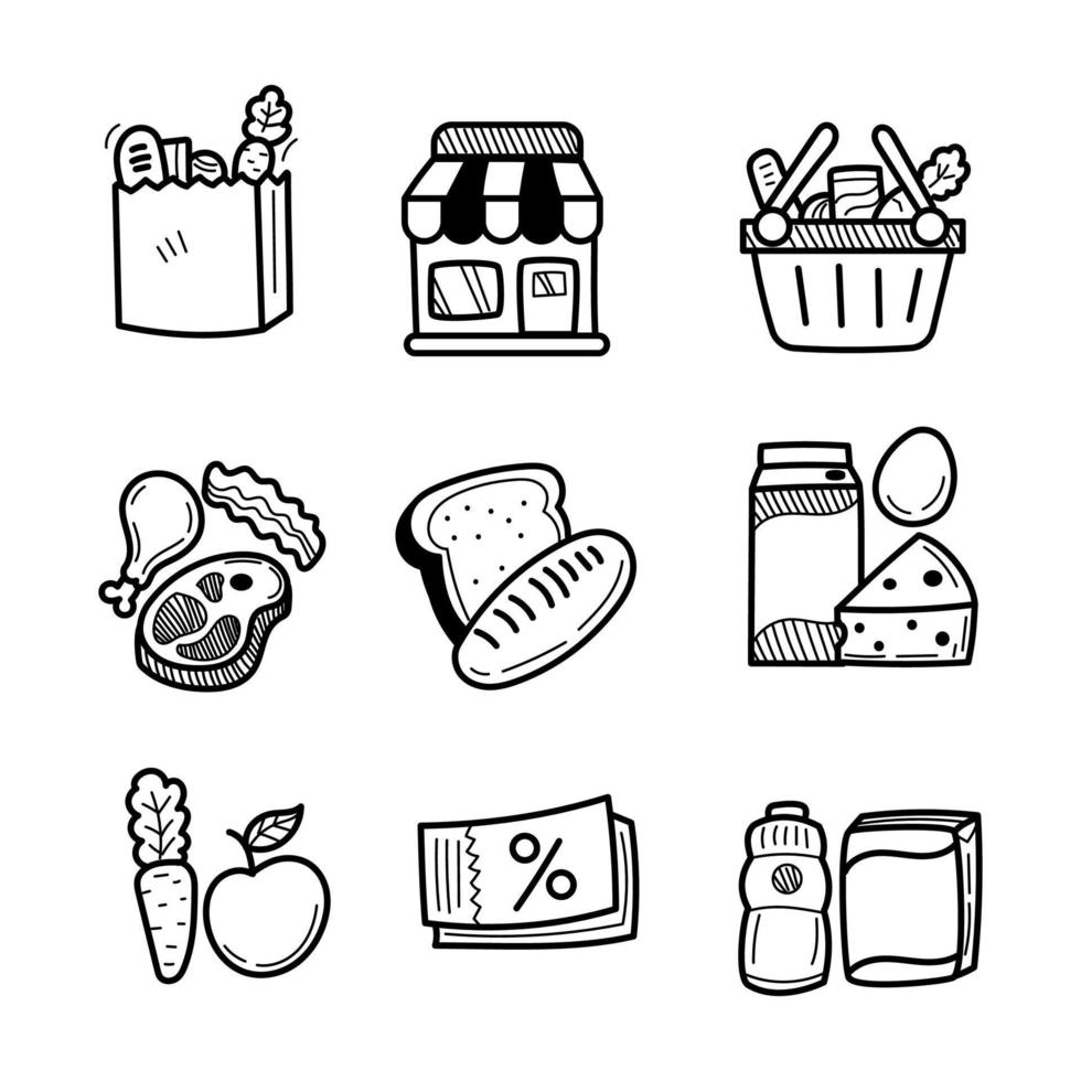 uppsättning av matvaror ikoner med klotter stil isolerat på vit bakgrund vektor
