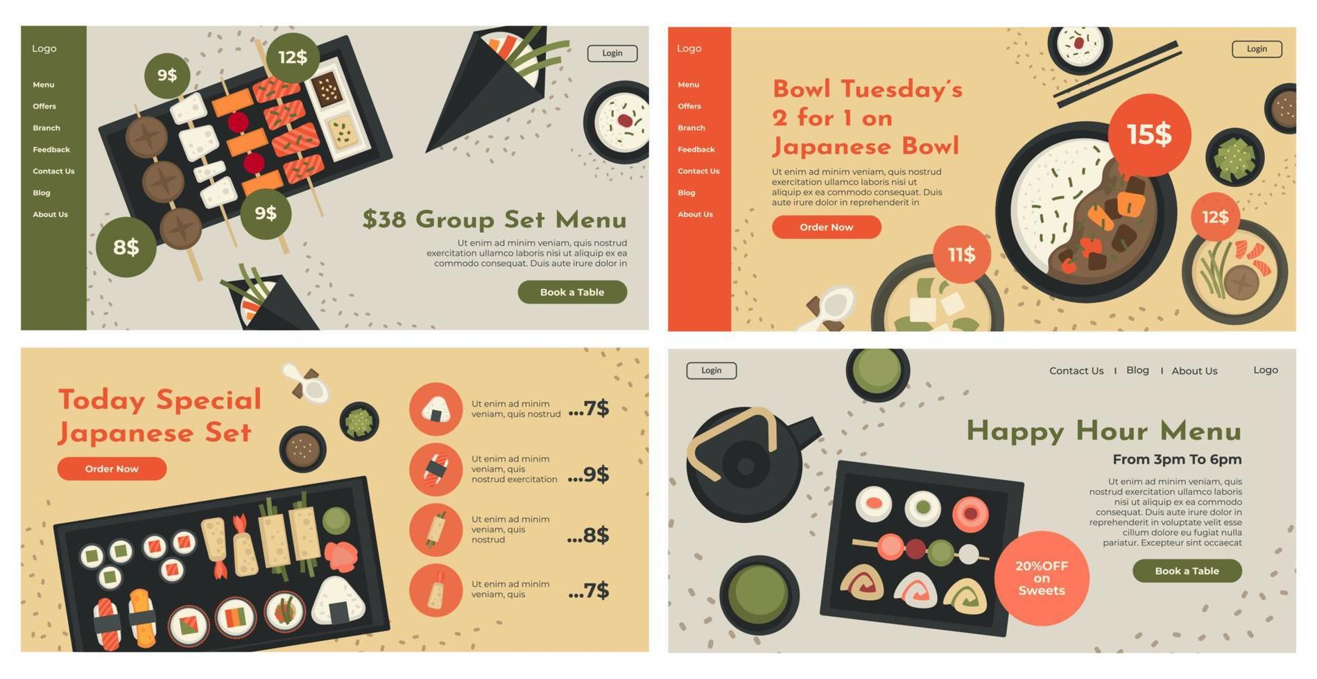 japansk mat meny erbjudande på webb sida design uppsättning vektor