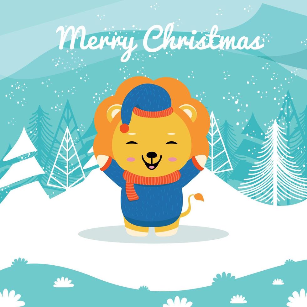 illustrationer av en söt lejon djur- i de snö, för jul hälsningar, kan vara Begagnade för hälsning kort, banderoller, affischer, eller Övrig design behov. vektor