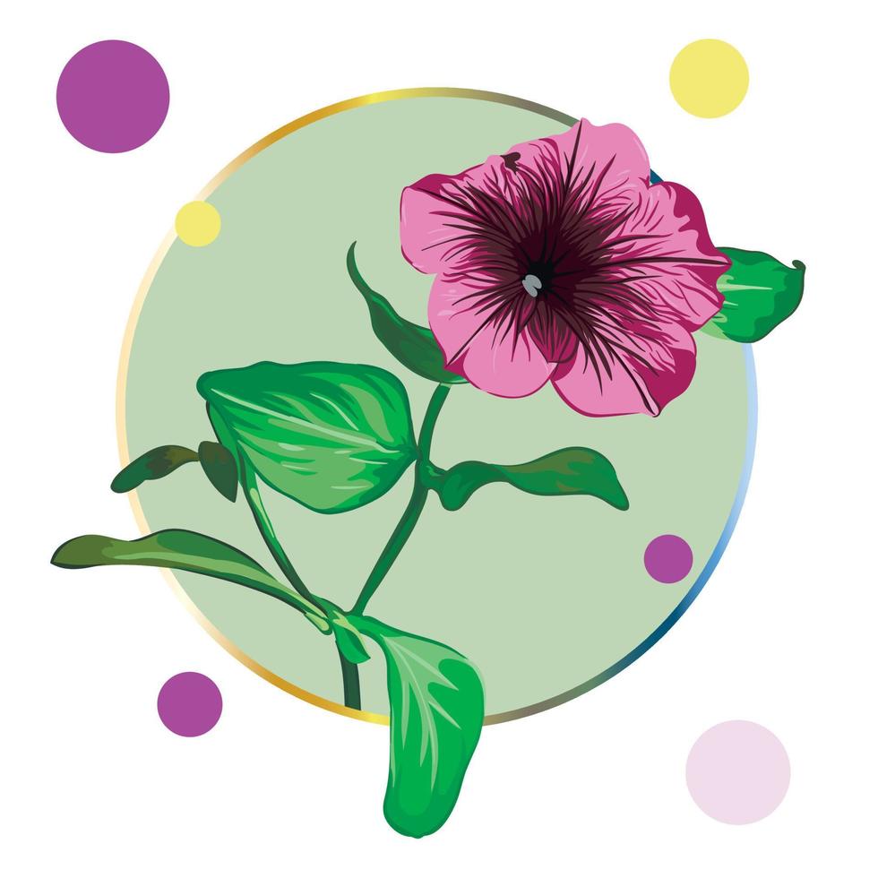 Lila Petunienblume, eingerahmt in einem grünen Kreis auf weißem Hintergrund mit bunten Tupfen. grüne Blätter, Knospen, lila und rosa Blüten. realistische vektorillustration. Jahrgang. vektor