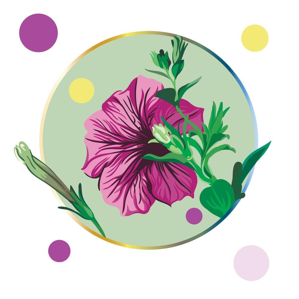 Lila Petunienblume, eingerahmt in einem grünen Kreis auf weißem Hintergrund mit bunten Tupfen. grüne Blätter, Knospen, lila und rosa Blüten. realistische vektorillustration. Jahrgang vektor