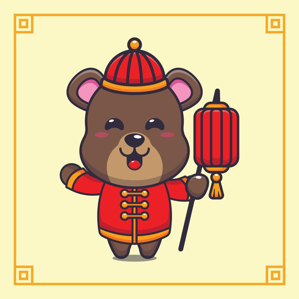 süßer bär, der laterne im chinesischen neujahr hält. vektorkarikaturillustration passend für plakat, broschüre, web, maskottchen, aufkleber, logo und symbol. vektor